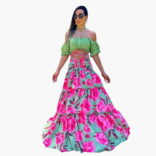 Printed Two-Piece Set - Women's Beach Crop Top & Maxi Skirt