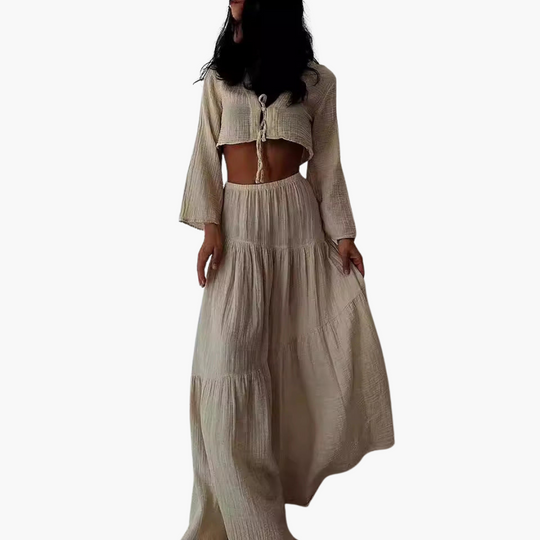 Two-Piece Set for Women - Tie-Front Top & High-Slit Skirt