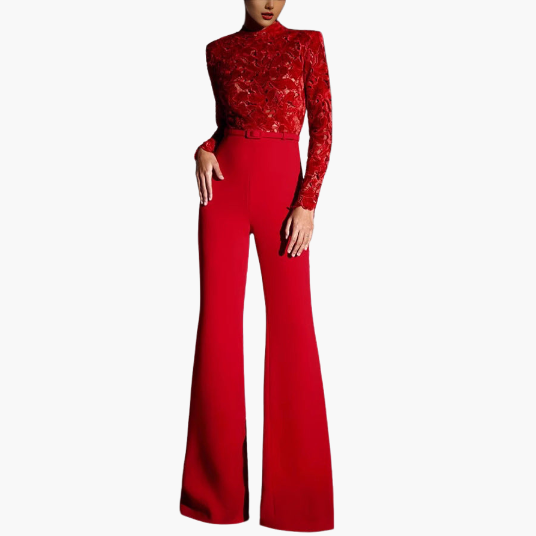 Embroidered Lace Jumpsuit for Women - Belted Waist & Flared Legs