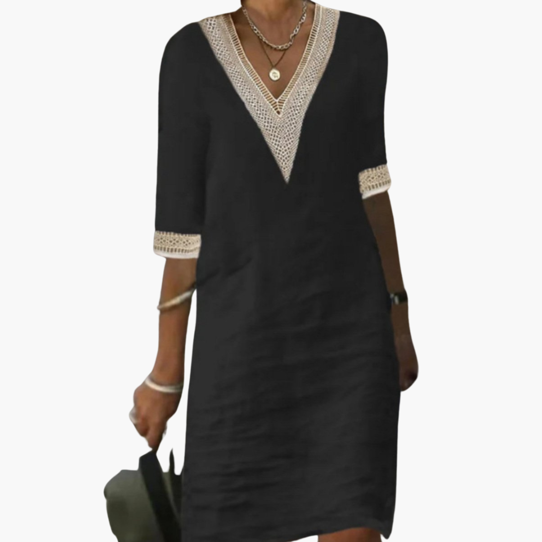 Elegant V-Neck Lace Trim Dress for Women – Chic & Flattering