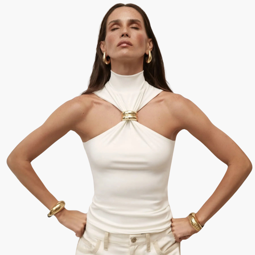 High Neck Halter Top with Gold Accent - Women's Evening Wear