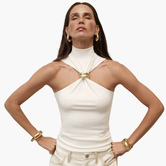 High Neck Halter Top with Gold Accent - Women's Evening Wear