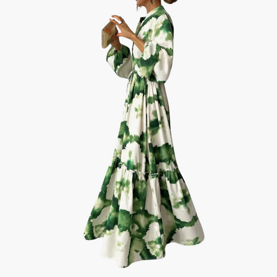 Elegant Tie-Dye Maxi Dress for Women – V-Neck & Long Sleeve