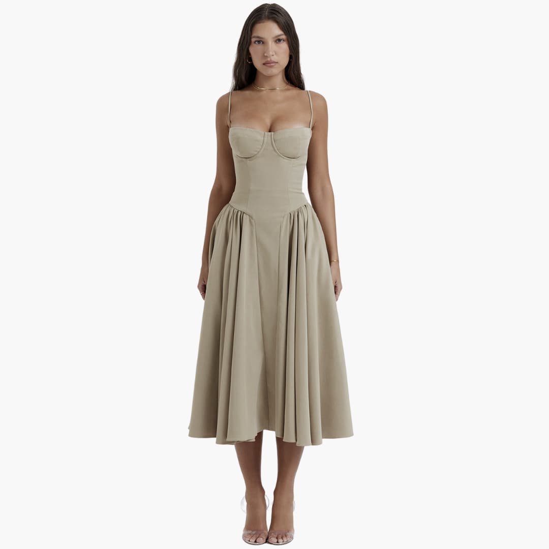 Midi Dress - Women’s Retro Corset Fit with Pleated Skirt