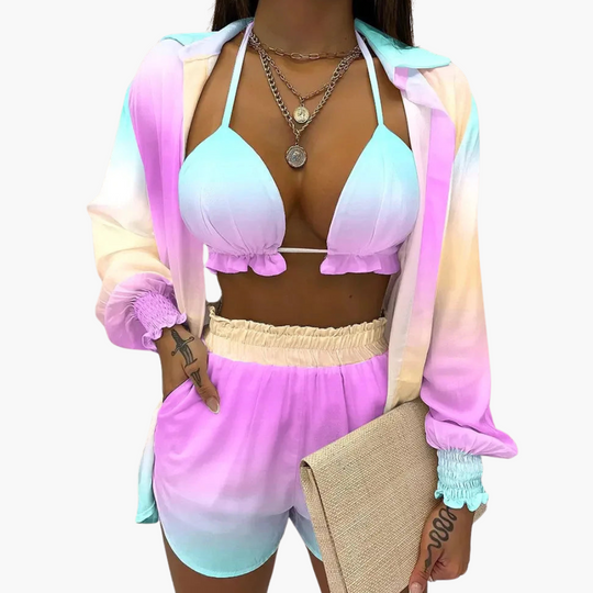 Three-Piece Beach Set - Women's Pastel Summer Co-Ord Outfit