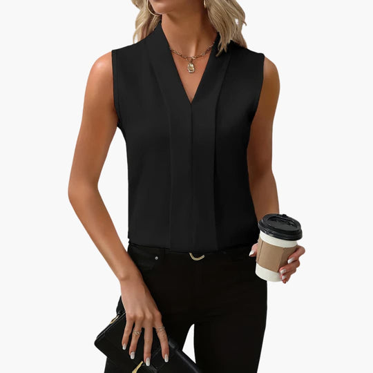 Women's summer V-neck sleeveless tank top with pleated front