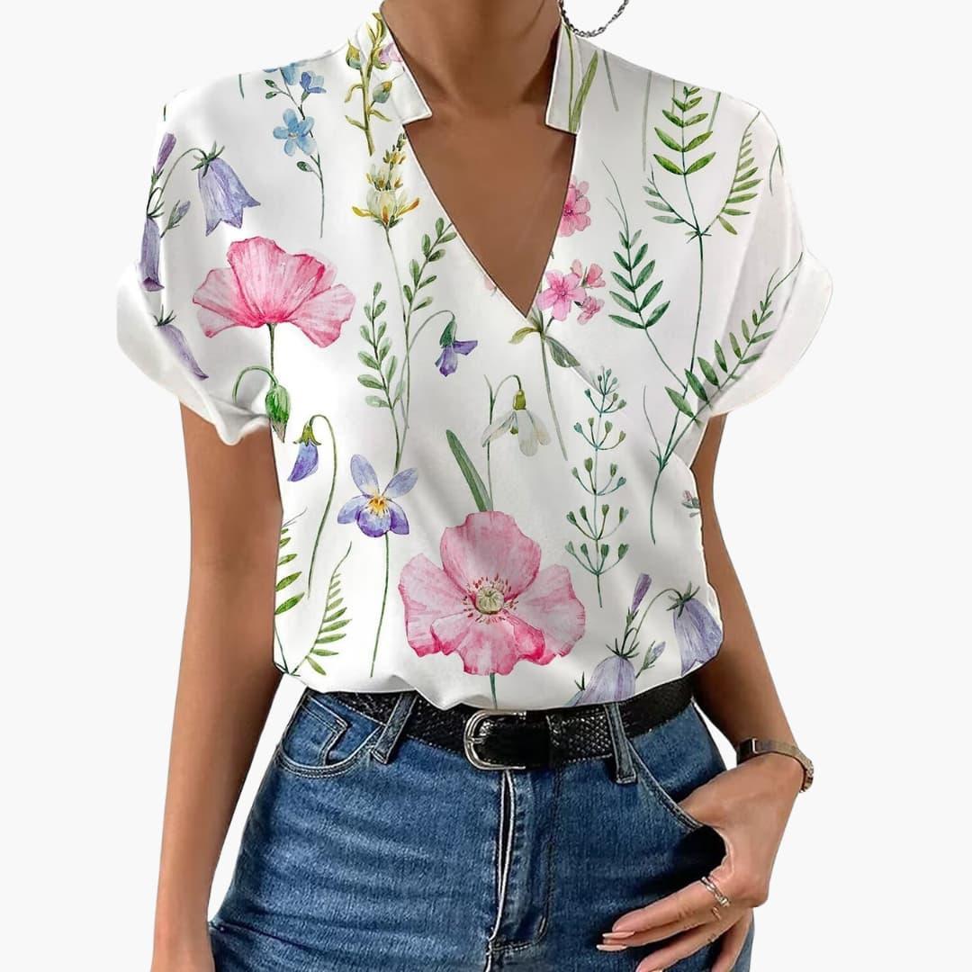 Floral V-Neck Blouse – Women's Lightweight Chiffon Top