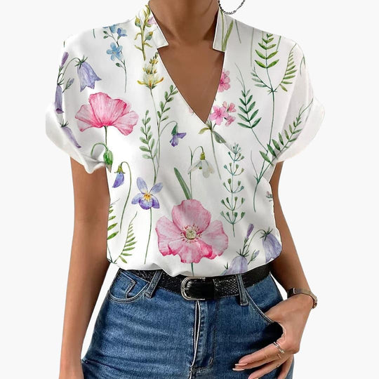 Floral V-Neck Blouse – Women's Lightweight Chiffon Top