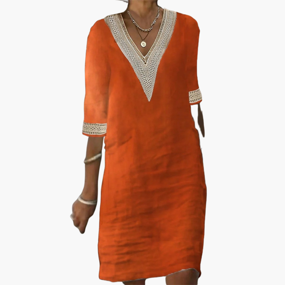 Elegant V-Neck Lace Trim Dress for Women – Chic & Flattering