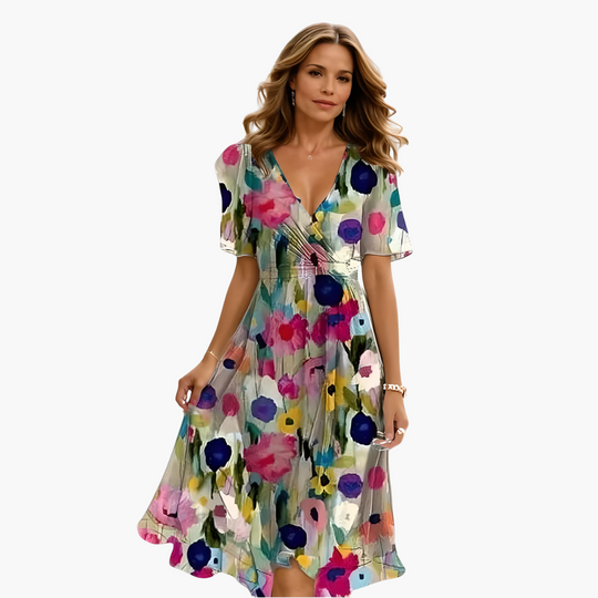 Women’s midi dress with V-neck and flared summer skirt