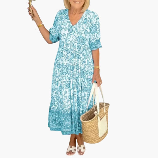 Boho Dress - Women’s Floral V-Neck Midi with Tiered Hem