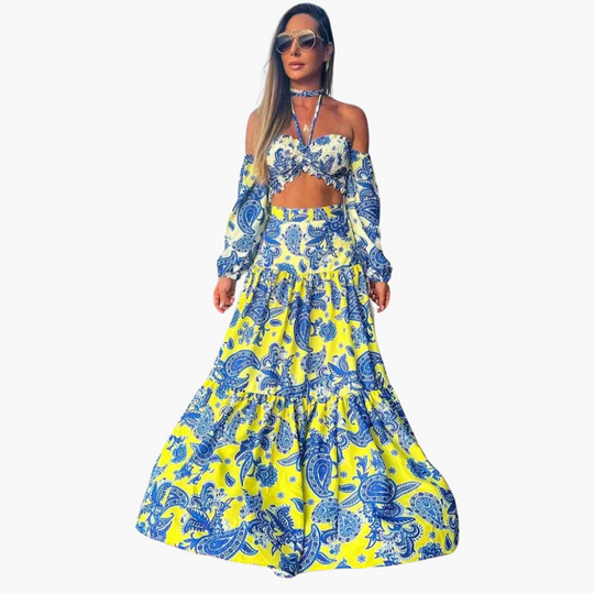 Printed Two-Piece Set - Women's Beach Crop Top & Maxi Skirt