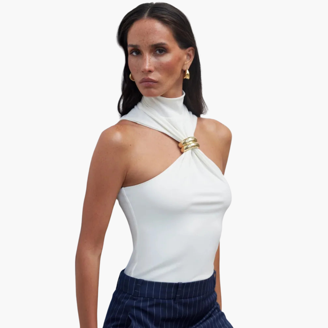 High Neck Halter Top with Gold Accent - Women's Evening Wear