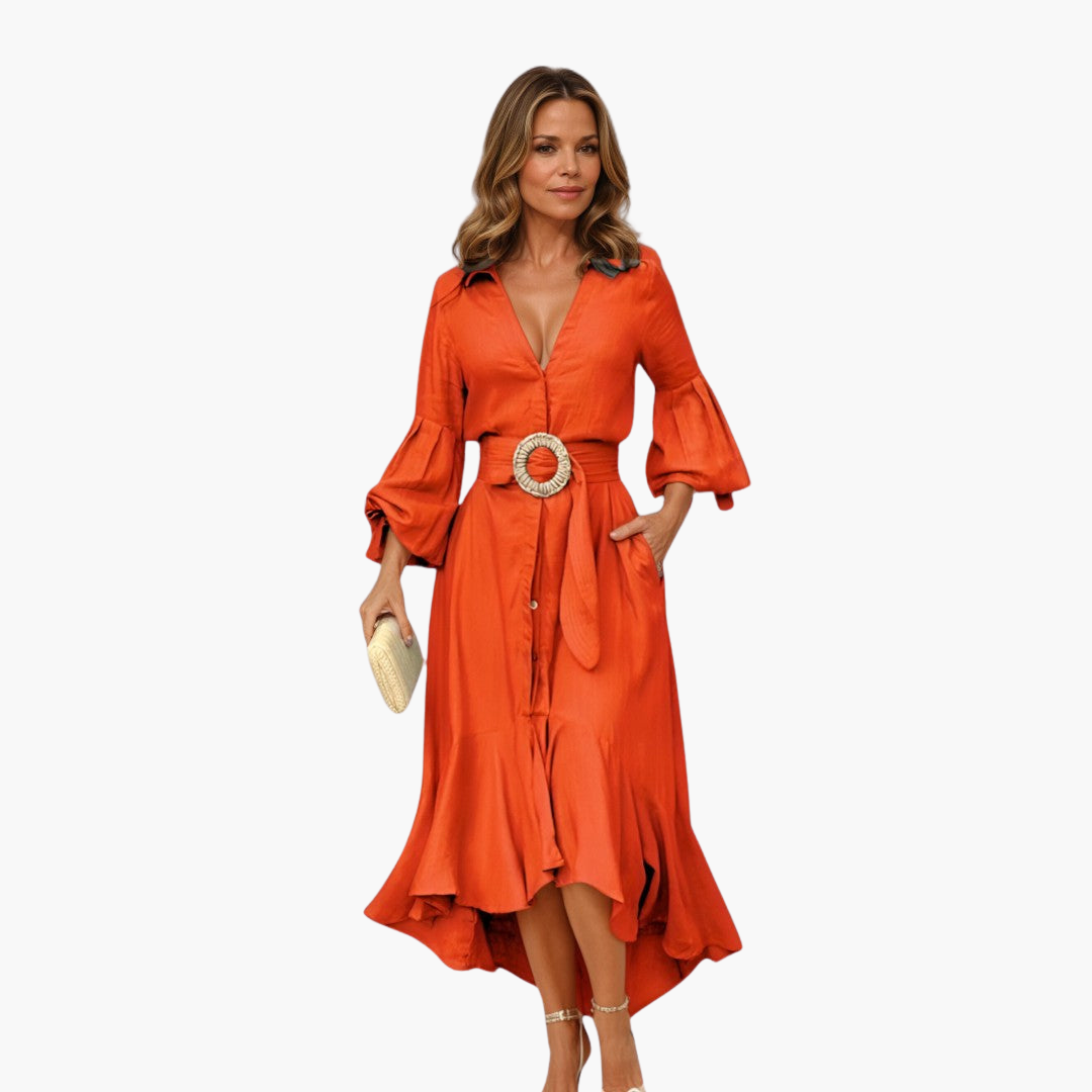 Belted Midi Dress for Women - Puff Sleeve & Ruffle Hem Style