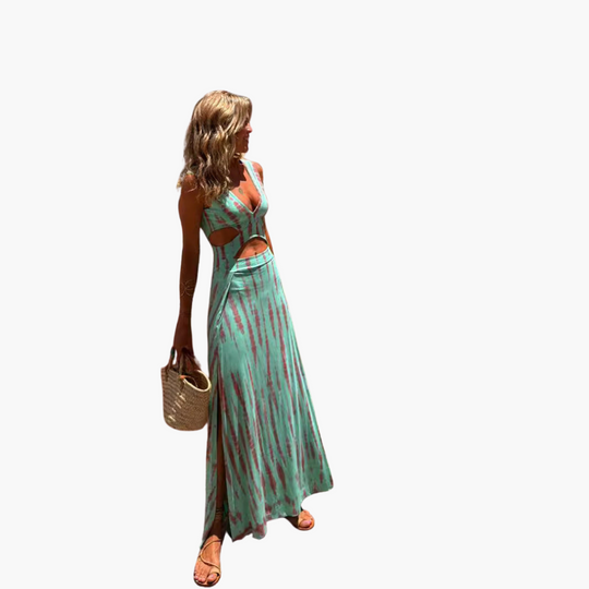Maxi Dress for Women - V-Neck, Waist Cut-Out & Bold Print