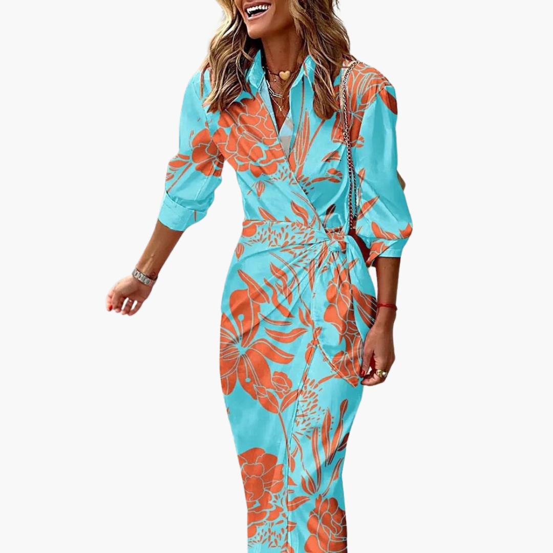 Midi Wrap Dress with 3/4 Sleeves for Women – Striped Pattern