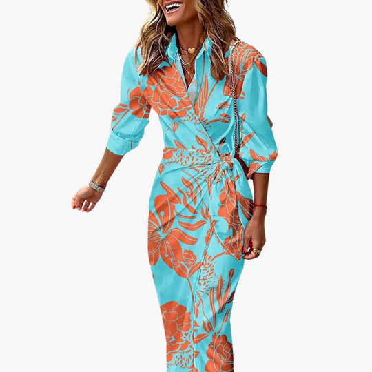 Midi Wrap Dress with 3/4 Sleeves for Women – Striped Pattern
