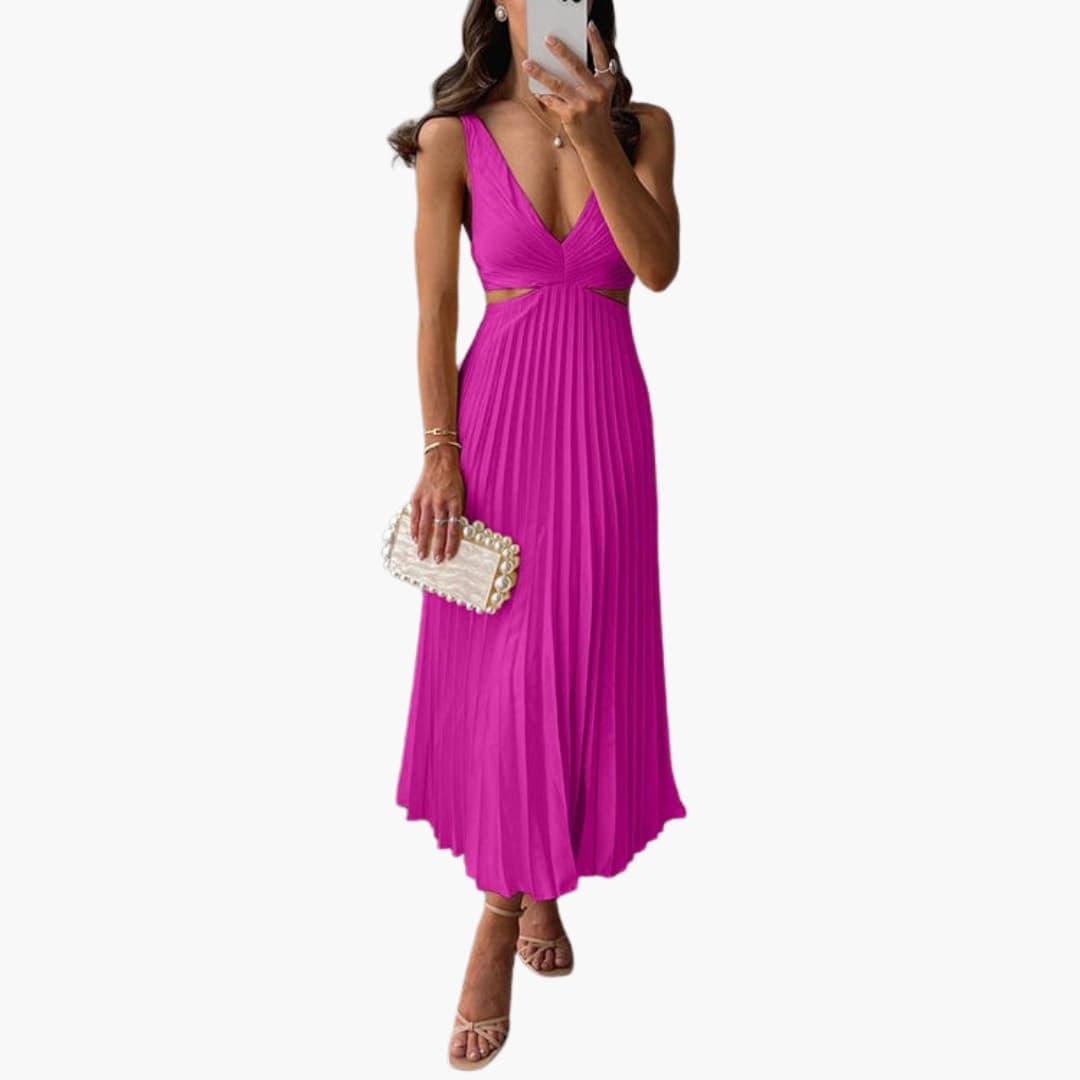 Pleated Neckline Dress for Women - Elegant Midi Style