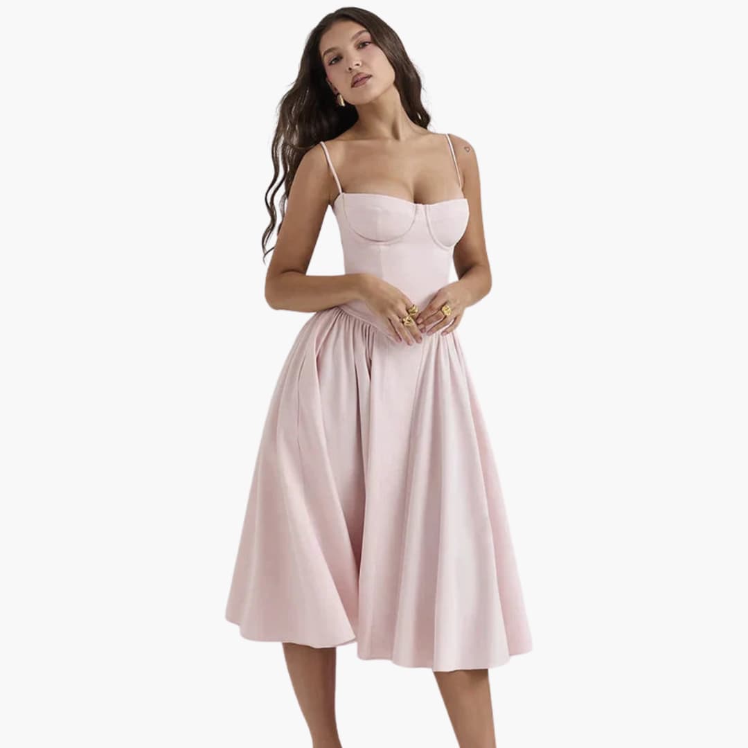 Midi Dress - Women’s Retro Corset Fit with Pleated Skirt