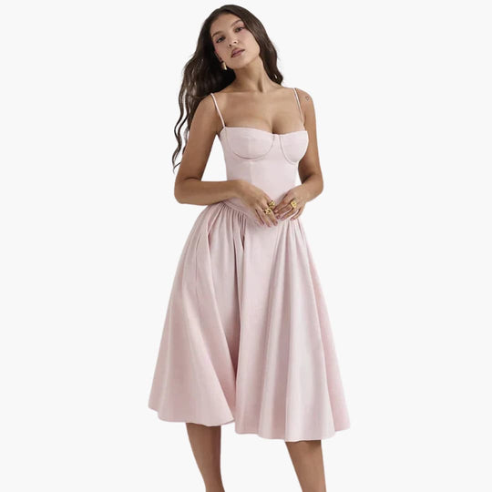 Midi Dress - Women’s Retro Corset Fit with Pleated Skirt