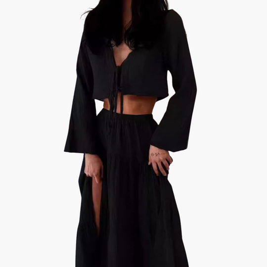 Two-Piece Set for Women - Tie-Front Top & High-Slit Skirt