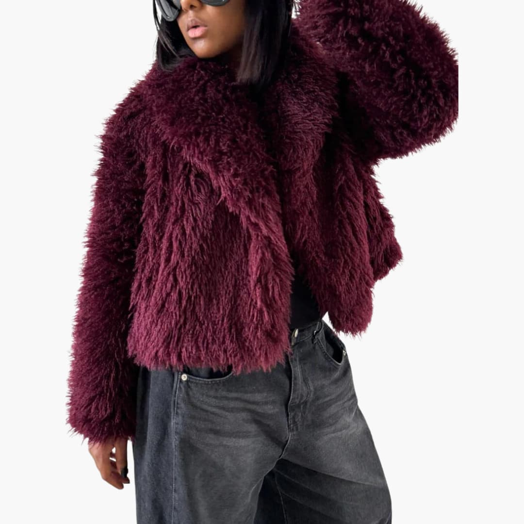 Cropped Fur Jacket - Women's Fluffy Winter Coat with Lapel