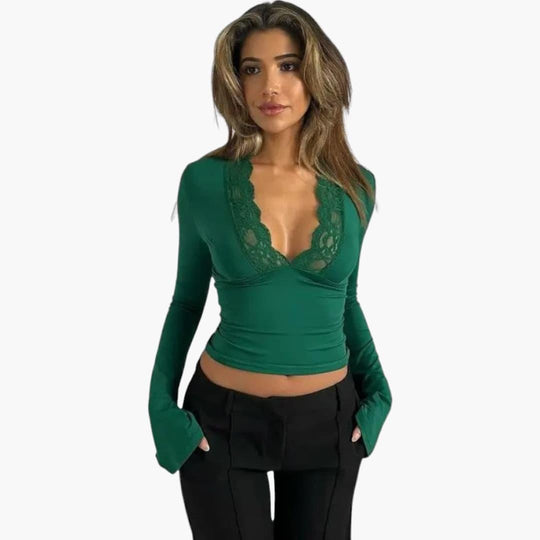 Low Cut Lace Flare Top - V Neck Semi-Cropped for Women