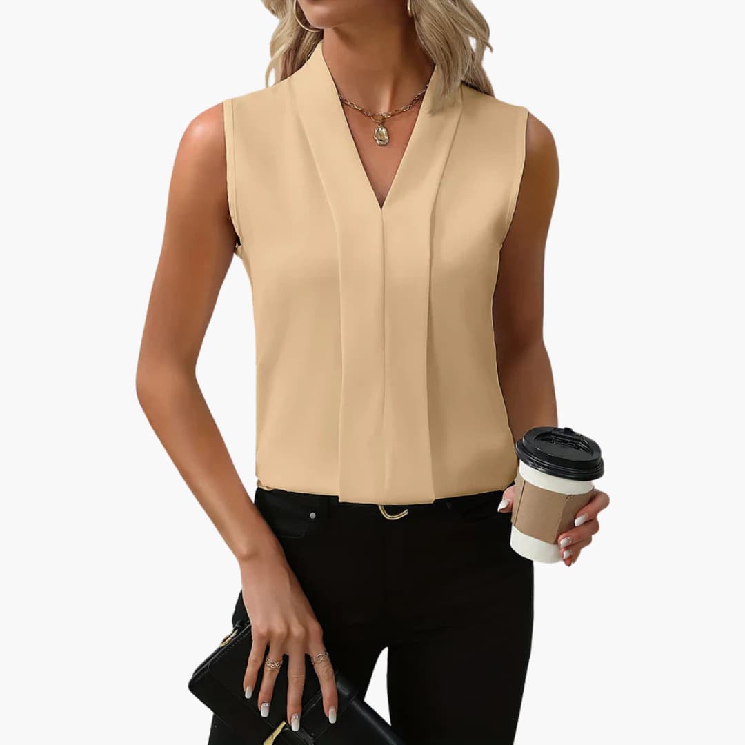 Women's summer V-neck sleeveless tank top with pleated front