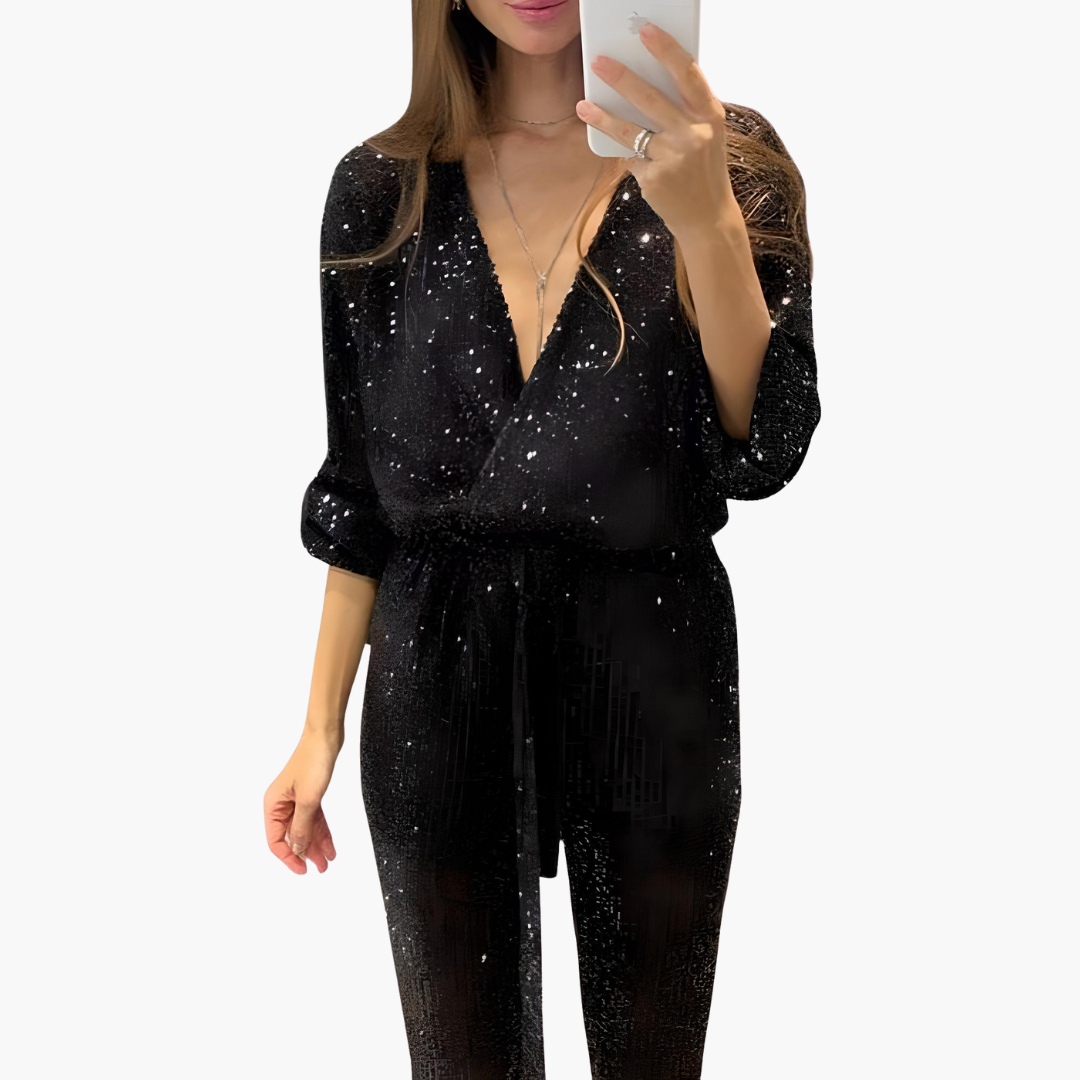 Women’s sequin long sleeve jumpsuit with belted waist