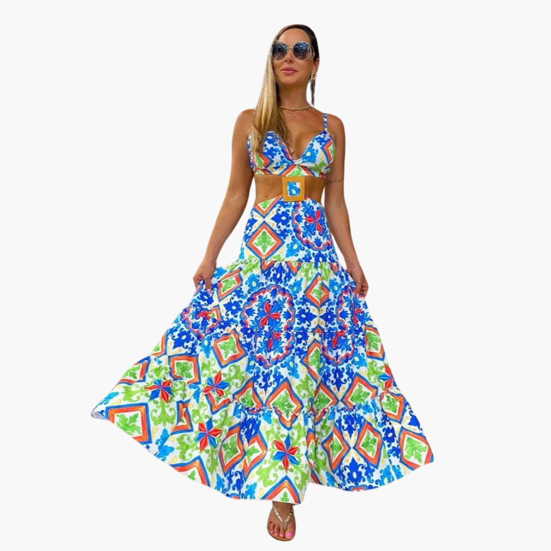 Printed Two-Piece Set - Women's Beach Crop Top & Maxi Skirt