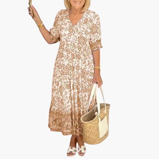 Boho Dress - Women’s Floral V-Neck Midi with Tiered Hem