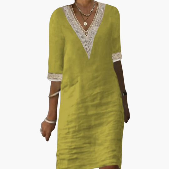 Elegant V-Neck Lace Trim Dress for Women – Chic & Flattering