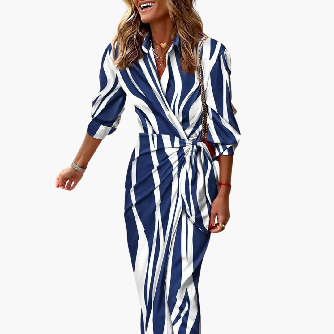 Midi Wrap Dress with 3/4 Sleeves for Women – Striped Pattern