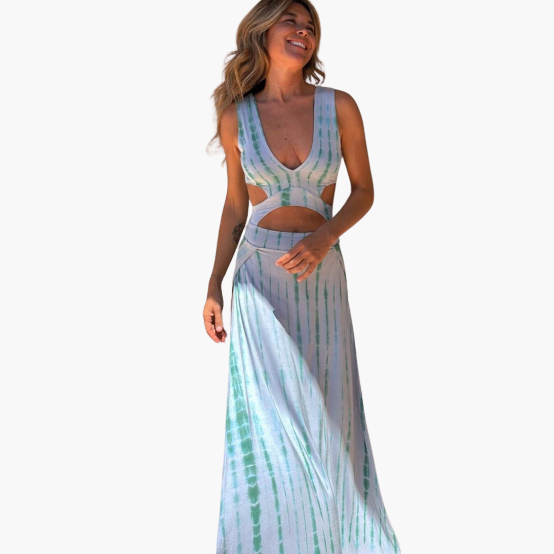 Maxi Dress for Women - V-Neck, Waist Cut-Out & Bold Print