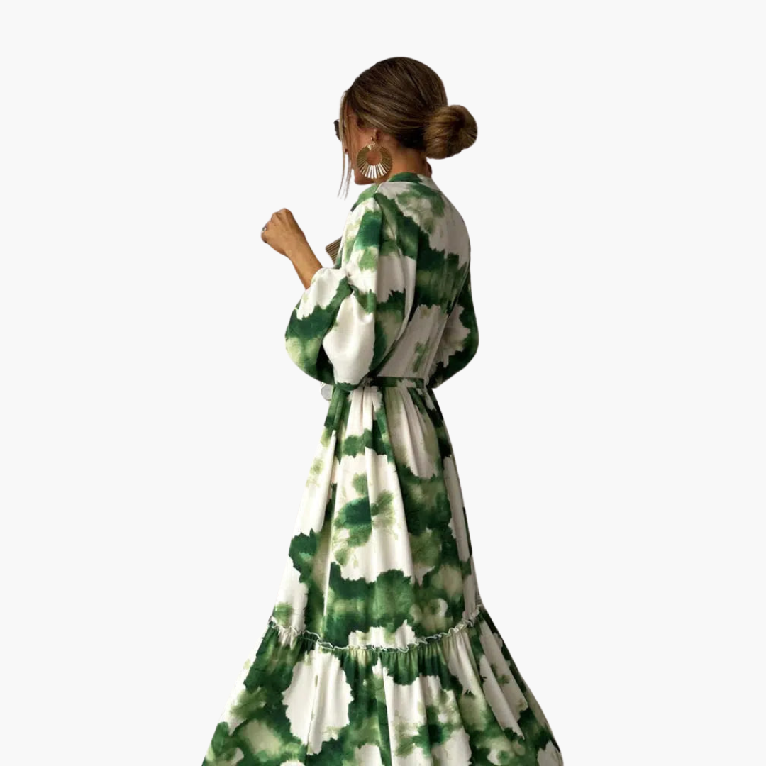 Elegant Tie-Dye Maxi Dress for Women – V-Neck & Long Sleeve