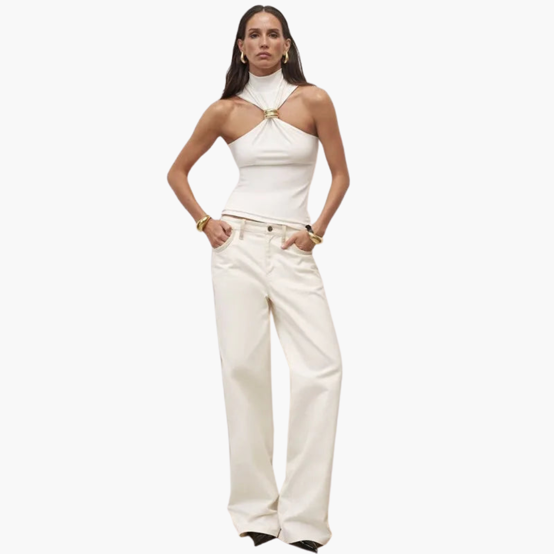 High Neck Halter Top with Gold Accent - Women's Evening Wear