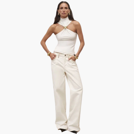 High Neck Halter Top with Gold Accent - Women's Evening Wear