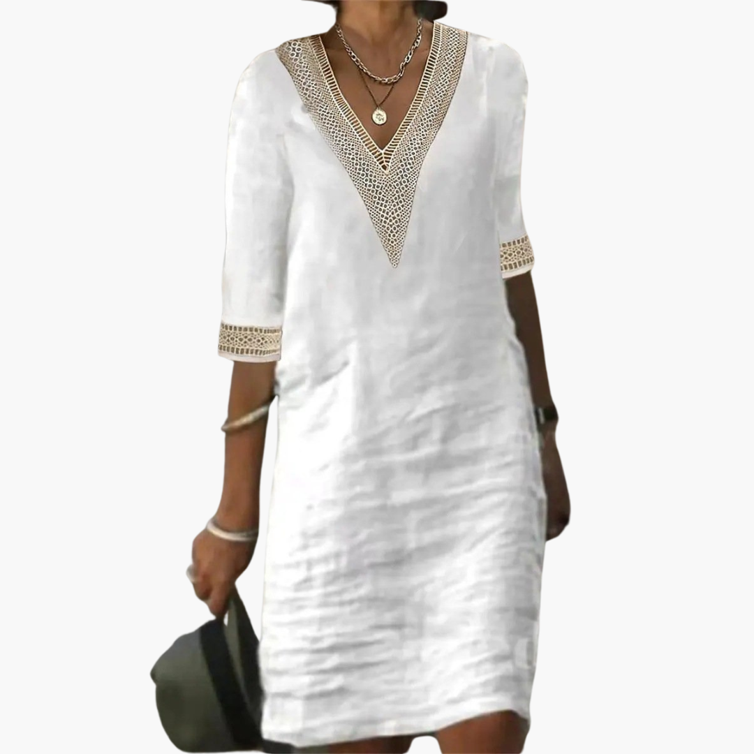 Elegant V-Neck Lace Trim Dress for Women – Chic & Flattering