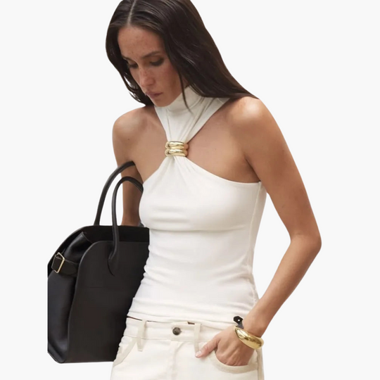 High Neck Halter Top with Gold Accent - Women's Evening Wear