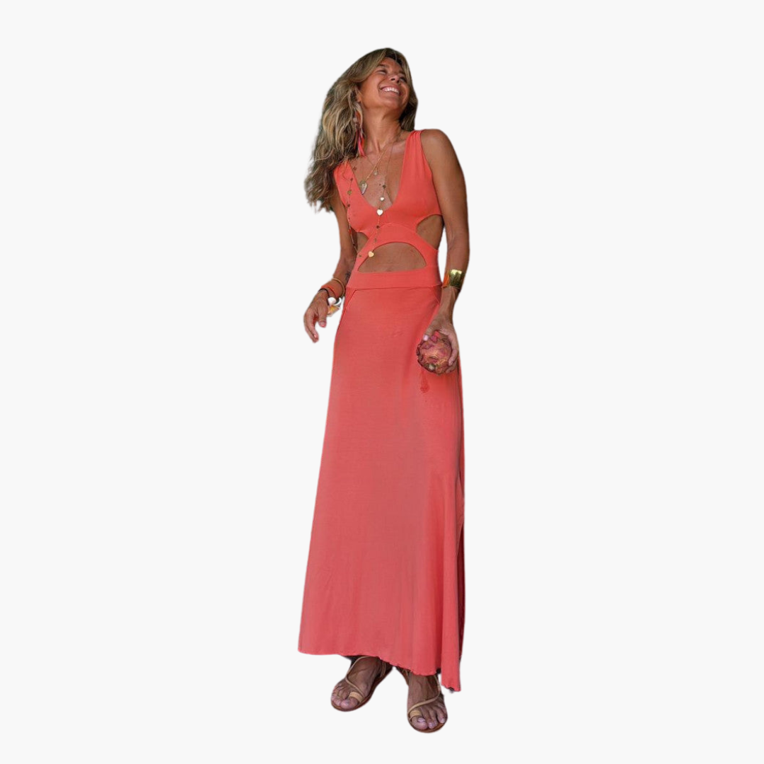 Maxi Dress for Women - V-Neck, Waist Cut-Out & Bold Print