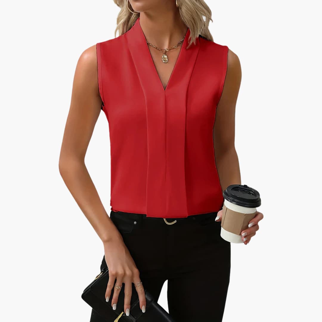 Women's summer V-neck sleeveless tank top with pleated front