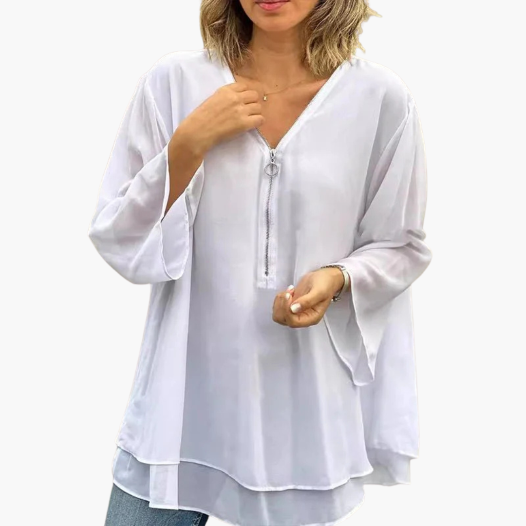 Half-Zip V-Neck Top for Women - Long Sleeve & Casual Chic