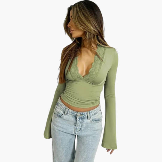 Low Cut Lace Flare Top - V Neck Semi-Cropped for Women