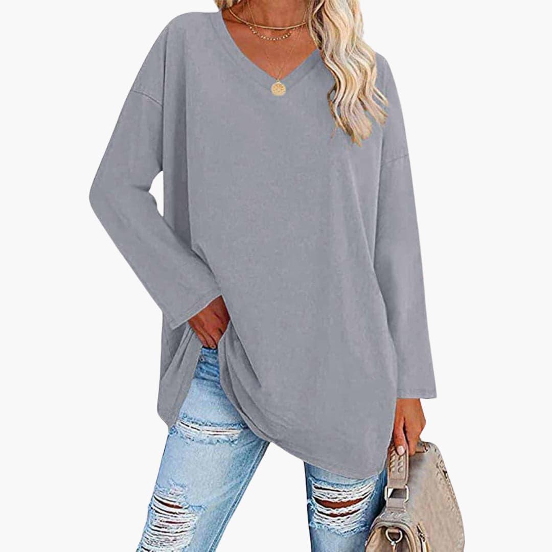 Elegant Loose Long Sleeve Blouse - V-Neck Top for Women