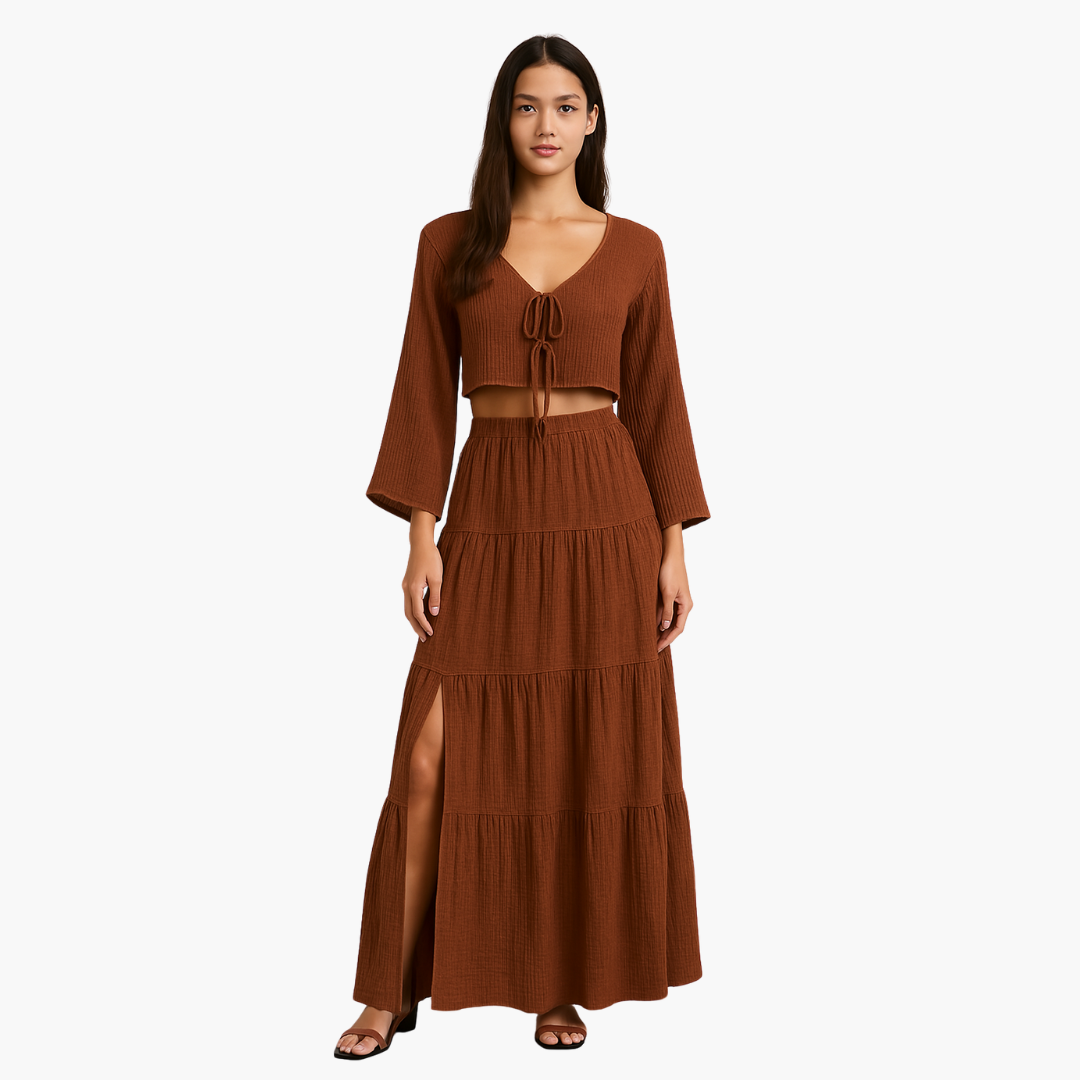 Two-Piece Set for Women - Tie-Front Top & High-Slit Skirt