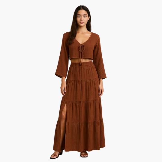 Two-Piece Set for Women - Tie-Front Top & High-Slit Skirt