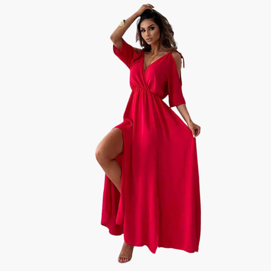 V-Neck Maxi Dress for Women with Side Slit - Elegant Look
