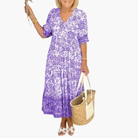 Boho Dress - Women’s Floral V-Neck Midi with Tiered Hem