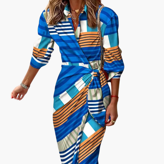 Midi Wrap Dress with 3/4 Sleeves for Women – Striped Pattern