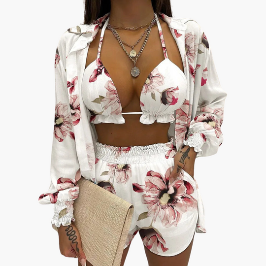 Three-Piece Beach Set - Women's Pastel Summer Co-Ord Outfit